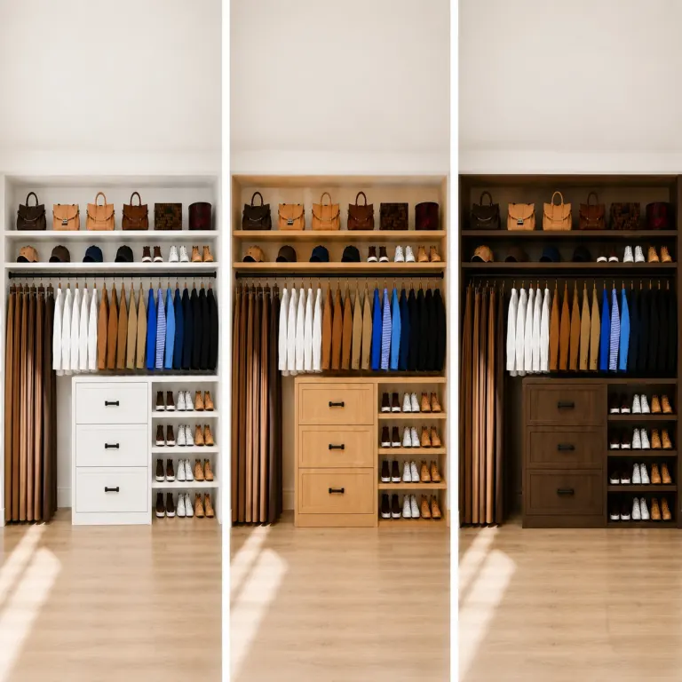 White, natural wood, and dark walnut closet finishes